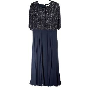 Mac Duggal 9180 Midnight Blue Beaded Sequin Chiffon Gown Dress Womens 12 NWT